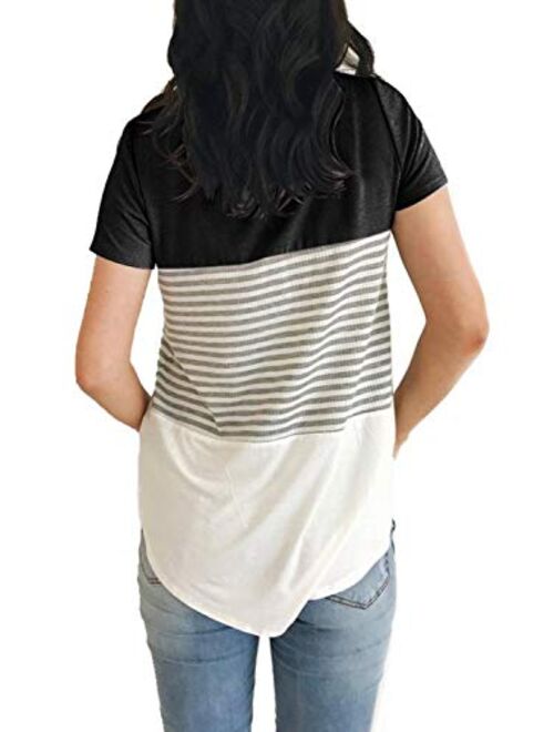 ZAWAPEMIA Womens Short Sleeve Tshirts Round Neck Triple Color Block Stripe T Shirts