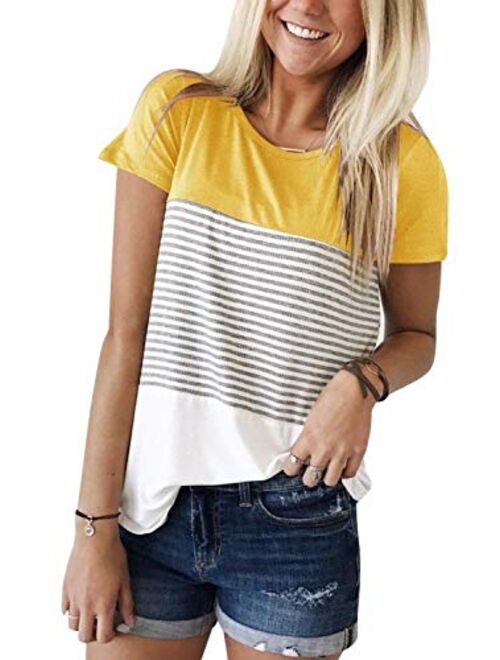 ZAWAPEMIA Womens Short Sleeve Tshirts Round Neck Triple Color Block Stripe T Shirts