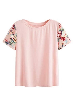 Women's Floral Print Short Sleeve Tops Striped Casual Blouses T Shirt