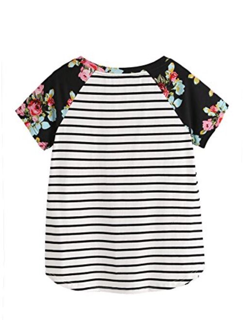 Romwe Women's Floral Print Short Sleeve Tops Striped Casual Blouses T Shirt