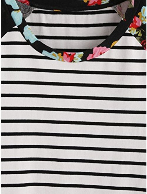 Romwe Women's Floral Print Short Sleeve Tops Striped Casual Blouses T Shirt