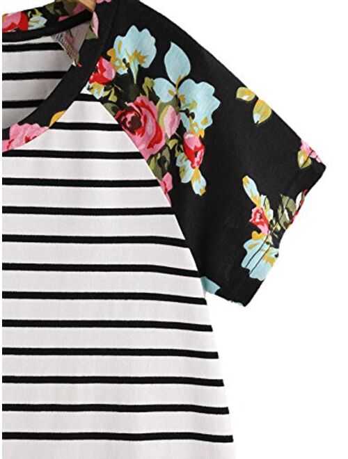 Romwe Women's Floral Print Short Sleeve Tops Striped Casual Blouses T Shirt