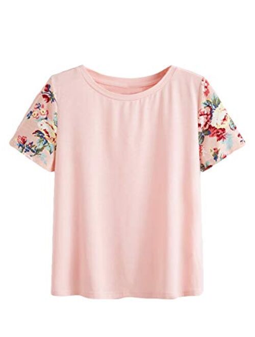 Romwe Women's Floral Print Short Sleeve Tops Striped Casual Blouses T Shirt