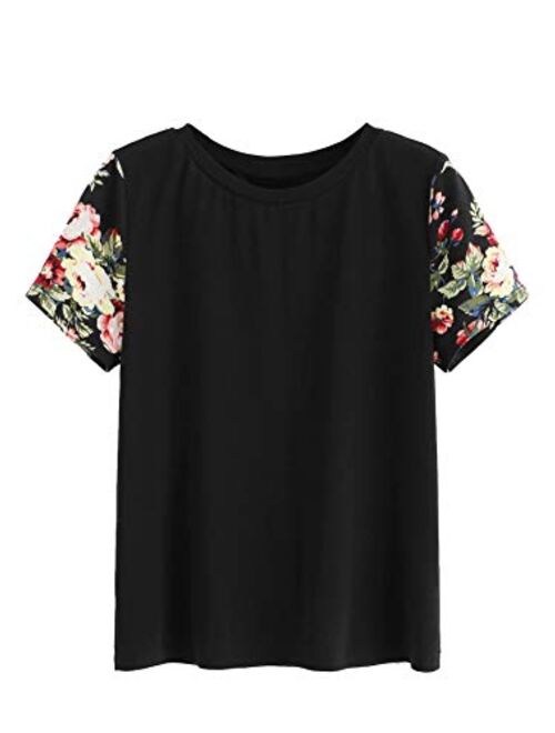 Romwe Women's Floral Print Short Sleeve Tops Striped Casual Blouses T Shirt