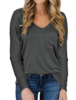 Tobrief Women's Long Sleeve V-Neck Shirts Loose Casual Tee T-Shirt with Pocket