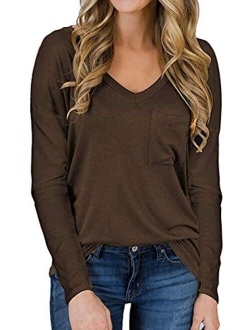Tobrief Women's Long Sleeve V-Neck Shirts Loose Casual Tee T-Shirt with Pocket