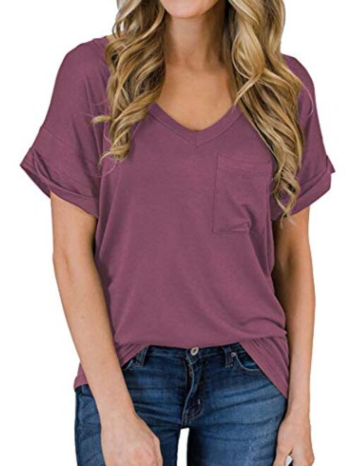 Tobrief Women's Long Sleeve V-Neck Shirts Loose Casual Tee T-Shirt with Pocket