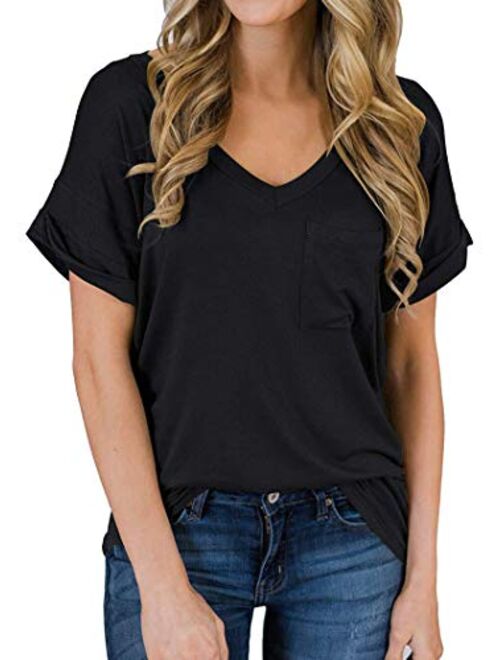 Tobrief Women's Long Sleeve V-Neck Shirts Loose Casual Tee T-Shirt with Pocket