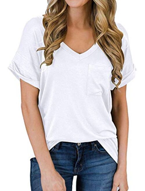 Tobrief Women's Long Sleeve V-Neck Shirts Loose Casual Tee T-Shirt with Pocket