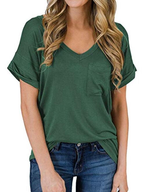 Tobrief Women's Long Sleeve V-Neck Shirts Loose Casual Tee T-Shirt with Pocket