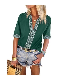 Mansy Women's Summer V Neck Boho Print Embroidered Shirts Short Sleeve Casual Tops Blouse