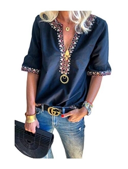 Mansy Women's Summer V Neck Boho Print Embroidered Shirts Short Sleeve Casual Tops Blouse