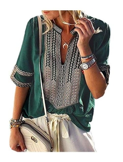 Mansy Women's Summer V Neck Boho Print Embroidered Shirts Short Sleeve Casual Tops Blouse