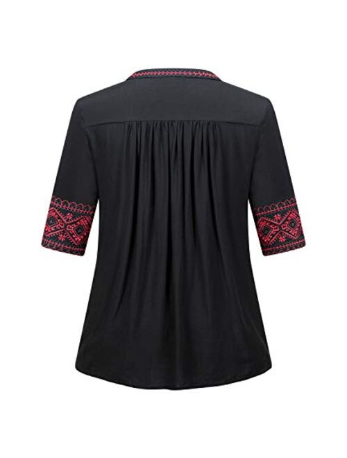 Mansy Women's Summer V Neck Boho Print Embroidered Shirts Short Sleeve Casual Tops Blouse