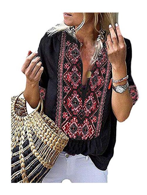 Mansy Women's Summer V Neck Boho Print Embroidered Shirts Short Sleeve Casual Tops Blouse