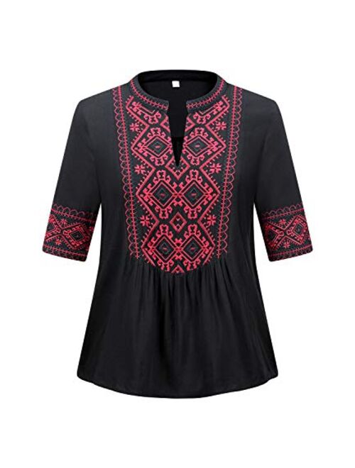 Mansy Women's Summer V Neck Boho Print Embroidered Shirts Short Sleeve Casual Tops Blouse