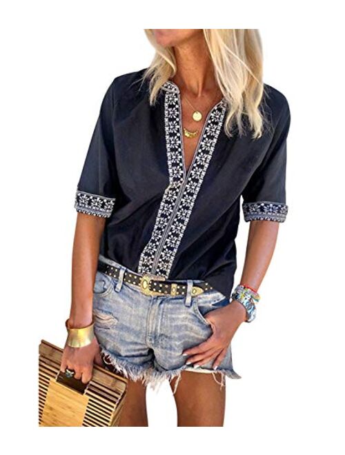 Mansy Women's Summer V Neck Boho Print Embroidered Shirts Short Sleeve Casual Tops Blouse