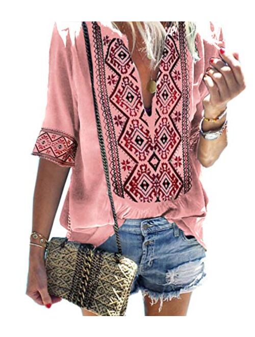 Mansy Women's Summer V Neck Boho Print Embroidered Shirts Short Sleeve Casual Tops Blouse