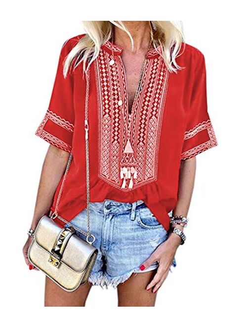 Mansy Women's Summer V Neck Boho Print Embroidered Shirts Short Sleeve Casual Tops Blouse