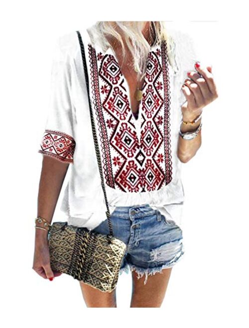 Mansy Women's Summer V Neck Boho Print Embroidered Shirts Short Sleeve Casual Tops Blouse