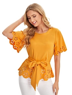 Women's Bow Self Tie Scalloped Cut Out Short Sleeve Elegant Office Work Tunic Blouse Top