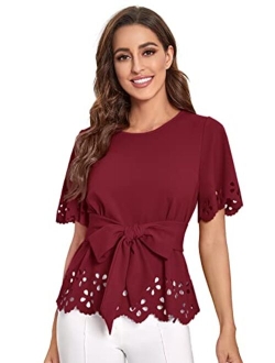 Women's Bow Self Tie Scalloped Cut Out Short Sleeve Elegant Office Work Tunic Blouse Top