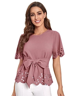 Women's Bow Self Tie Scalloped Cut Out Short Sleeve Elegant Office Work Tunic Blouse Top