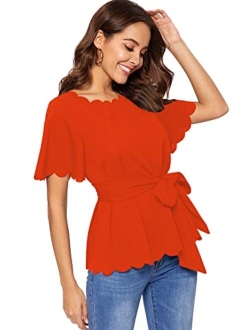 Women's Bow Self Tie Scalloped Cut Out Short Sleeve Elegant Office Work Tunic Blouse Top