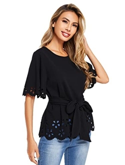 Women's Bow Self Tie Scalloped Cut Out Short Sleeve Elegant Office Work Tunic Blouse Top