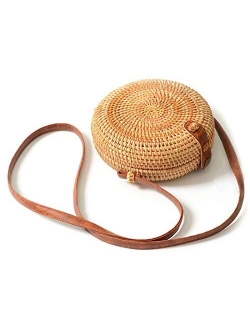 Handwoven Round Rattan Bag Shoulder Leather Straps Natural Chic Hand