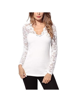 DJT Women's V-Neck Floral Lace Overlay Lined Long Sleeve Top