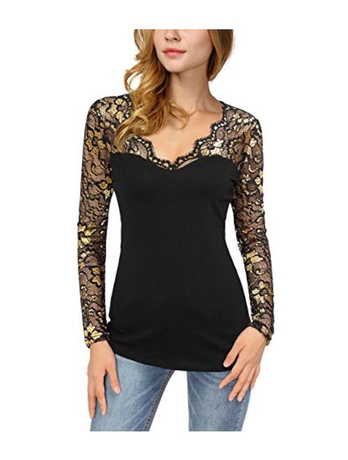 DJT Women's V-Neck Floral Lace Overlay Lined Long Sleeve Top