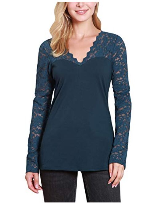 DJT Women's V-Neck Floral Lace Overlay Lined Long Sleeve Top