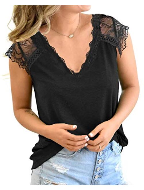 Kinlonsair Women Crochet Lace Basic V-Neck T-Shirt Short Sleeve Loose Fitting Tunic