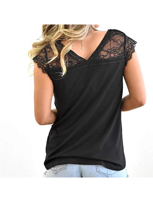 Kinlonsair Women Crochet Lace Basic V-Neck T-Shirt Short Sleeve Loose Fitting Tunic