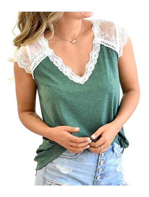 Kinlonsair Women Crochet Lace Basic V-Neck T-Shirt Short Sleeve Loose Fitting Tunic