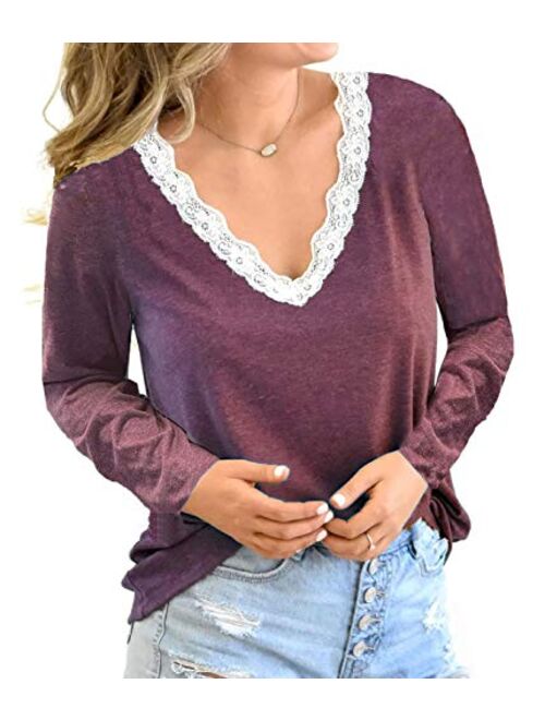 Kinlonsair Women Crochet Lace Basic V-Neck T-Shirt Short Sleeve Loose Fitting Tunic