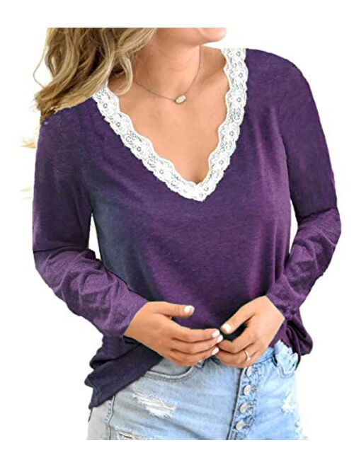 Kinlonsair Women Crochet Lace Basic V-Neck T-Shirt Short Sleeve Loose Fitting Tunic