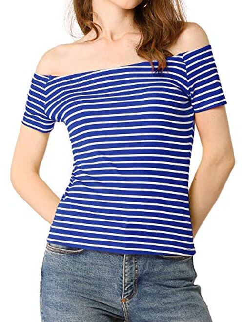 Allegra K Women's Slim Fit Short Sleeves Off The Shoulder Cropped Top