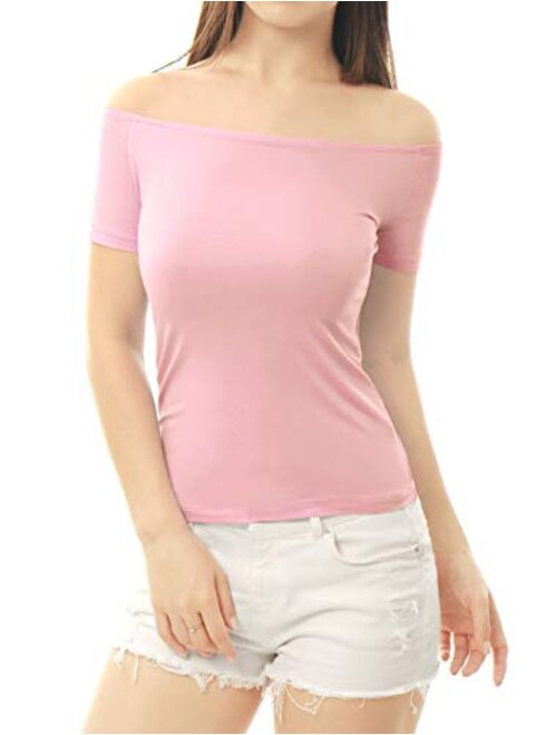 Allegra K Women's Slim Fit Short Sleeves Off The Shoulder Cropped Top