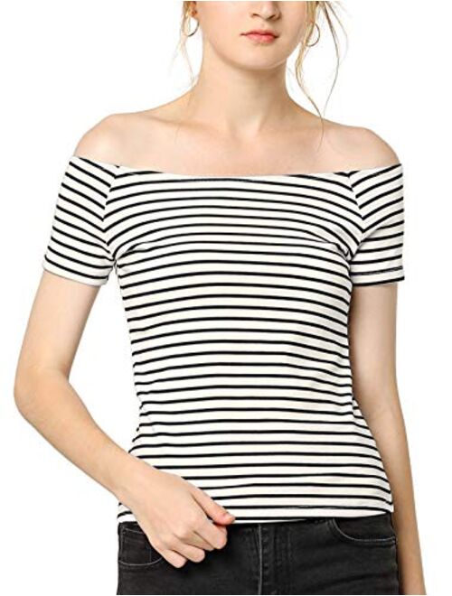 Allegra K Women's Slim Fit Short Sleeves Off The Shoulder Cropped Top