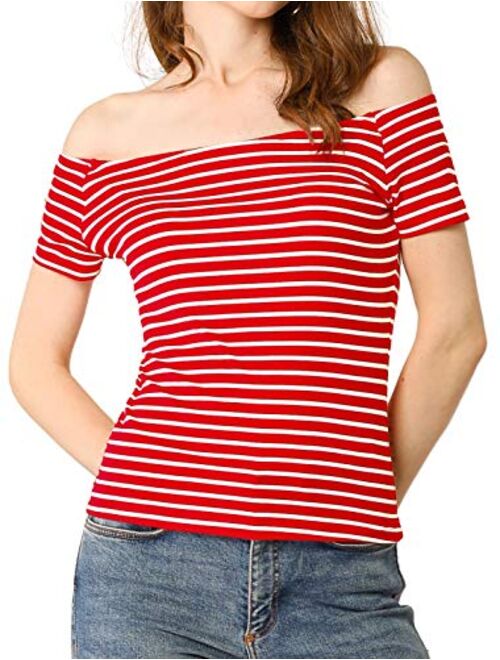 Allegra K Women's Slim Fit Short Sleeves Off The Shoulder Cropped Top