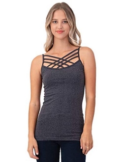 Women Sexy Criss Cross Front Spaghetti Strap Basic Round HollowOut Neck Seamless Camisole Tank Top