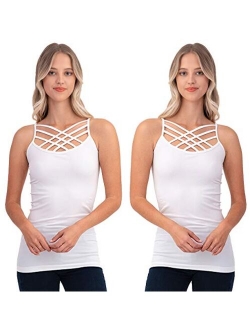 Women Sexy Criss Cross Front Spaghetti Strap Basic Round HollowOut Neck Seamless Camisole Tank Top