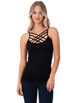 Women Sexy Criss Cross Front Spaghetti Strap Basic Round HollowOut Neck Seamless Camisole Tank Top