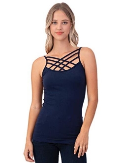 Women Sexy Criss Cross Front Spaghetti Strap Basic Round HollowOut Neck Seamless Camisole Tank Top