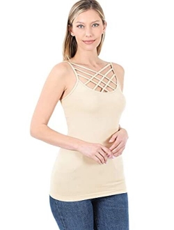 Women Sexy Criss Cross Front Spaghetti Strap Basic Round HollowOut Neck Seamless Camisole Tank Top