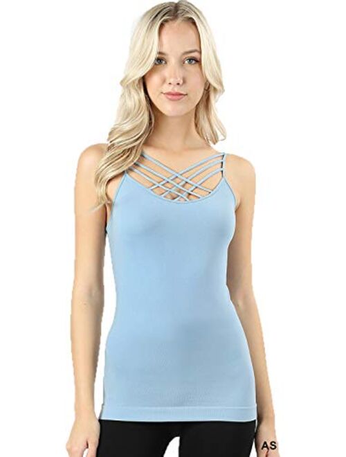 Women Sexy Criss Cross Front Spaghetti Strap Basic Round HollowOut Neck Seamless Camisole Tank Top