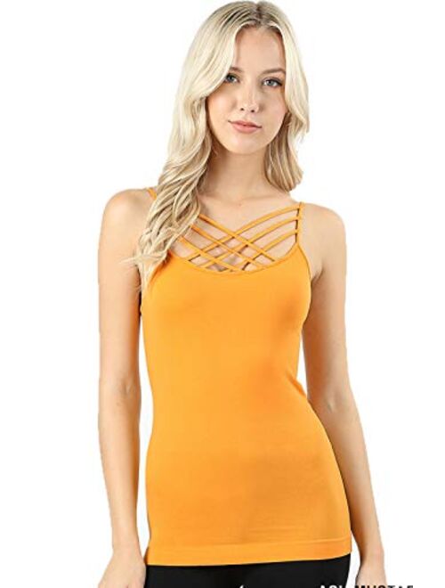 Women Sexy Criss Cross Front Spaghetti Strap Basic Round HollowOut Neck Seamless Camisole Tank Top