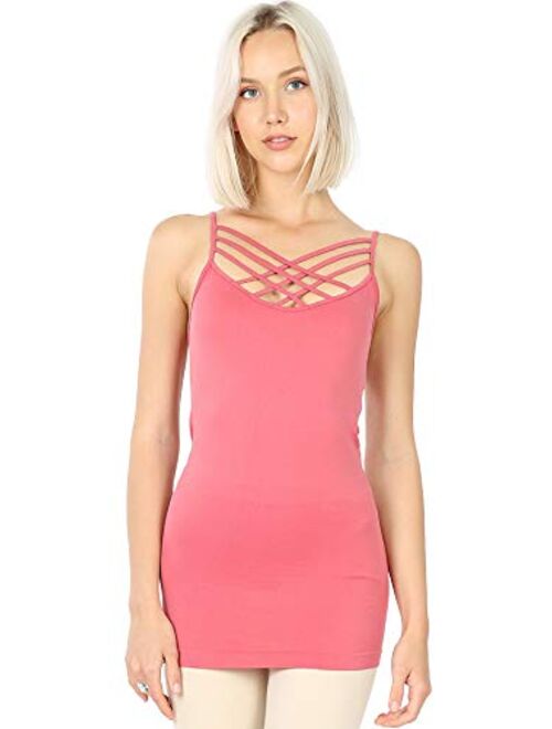 Women Sexy Criss Cross Front Spaghetti Strap Basic Round HollowOut Neck Seamless Camisole Tank Top